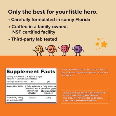 Renzo's Bright & Brainy Vitamin B6 - Dissolving Kids Vitamin B6-60 Sugar-Free Melty Tabs, Oh Oh Oh Orange Flavored - Image 6