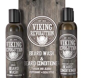 Viking Revolution Beard Wash & Beard Conditioner Set w/Argan & Jojoba Oils ? Softens, Smooths & Strengthens Beard Growth – Natural Peppermint and Eucalyptus Scent – Beard Shampoo w/Beard Oil (5 oz)