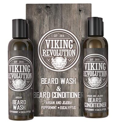 Viking Revolution Beard Wash & Beard Conditioner Set w/Argan & Jojoba Oils ? Softens, Smooths & Strengthens Beard Growth - Natural Peppermint and Eucalyptus Scent - Beard Shampoo w/Beard Oil (5 oz)