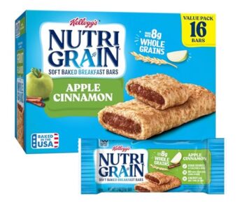 Nutri-Grain Soft Baked Breakfast Bars, Made with Whole Grains, Kids Snacks, Value Pack, Apple Cinnamon, 20.8oz Box (16 Bars)