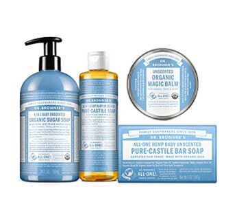 Dr. Bronner’s Baby Unscented Gift Set – Pure-Castile Liquid and Bar Soaps, Organic Magic Balm, and 4-in-1 Organic Sugar Pump Soap