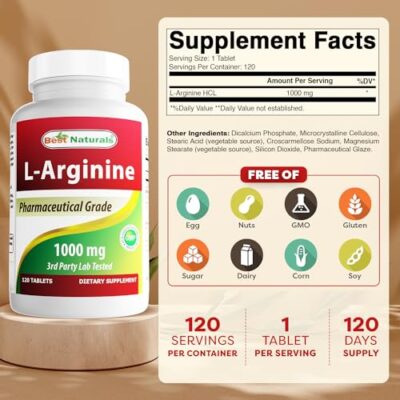 (New Improved Formula) Best Naturals L-Arginine 1000 mg 120 Tablets - Pharmaceutical Grade L Arginine supplement promotes nitric oxide synthesis - Image 2