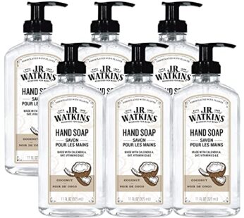 J.R. Watkins Gel Hand Soap, Scented Liquid Hand Wash for Bathroom or Kitchen, USA Made and Cruelty Free, 11 fl oz, Coconut, 6 Pack