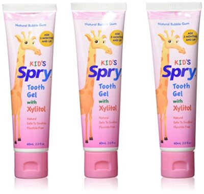 Spry Xylitol Baby Toothpaste, Natural Toddler Toothpaste, Fluoride Free Toothpaste for Kids, Xylitol Toothpaste for Kids Age 3 Months and Up, Tooth Gel Bubble Gum 2 Fl Oz (Pack of 3)