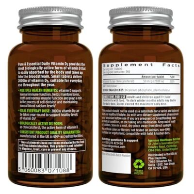 Pure & Essential Daily Vegetarian Vitamin D3 2000iu, Cholecalciferol, 365 Small Tablets, 1-A-Day 1-Year Supply, by Igennus - Image 6