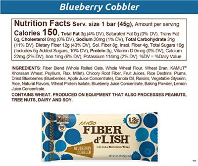 NuGo Fiber d'Lish Blueberry Cobbler, 12g High Fiber, Vegan, 150 Calories, 1.6 Ounce (Pack of 16) - Image 6