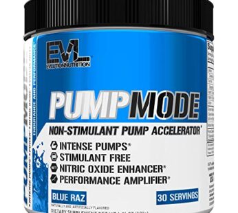 EVL PumpMode Nitric Oxide Supplement – Nitric Oxide Booster Pump Pre Workout Powder with Glycerol and Betaine for Muscle Recovery Growth and Endurance – Stim Free Pre Workout Drink (Blue Raz)
