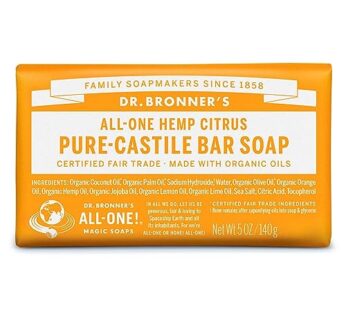 Dr. Bronner’s – Pure-Castile Bar Soap (Citrus, 5 ounce) – Made with Organic Oils, For Face, Body and Hair, Gentle and Moisturizing, Biodegradable, Vegan, Cruelty-free, Non-GMO