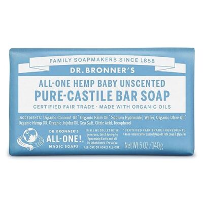 Dr. Bronner's - Pure-Castile Bar Soap (Baby Unscented, 5 ounce, 3-pack) - Made with Organic Oils, For Face, Body, Hair, Gentle for Sensitive Skin, Babies, No Added Fragrance, Biodegradable, Vegan