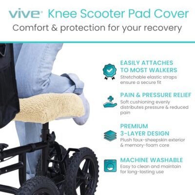 Vive Mobility Knee Walker Pad Cover - Plush Synthetic Faux Sheepskin Scooter Cushion - Accessory for Knee Roller - Leg Cart Improves Comfort During Injury (Off-White) - Image 2