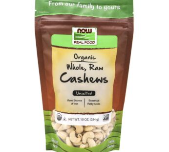 NOW Foods, Certified Organic Cashews, Whole, Raw and Unsalted, Rich Buttery Flavor, Source of Fiber, Protein and Iron, Certified Non-GMO, 10-Ounce (Packaging May Vary)