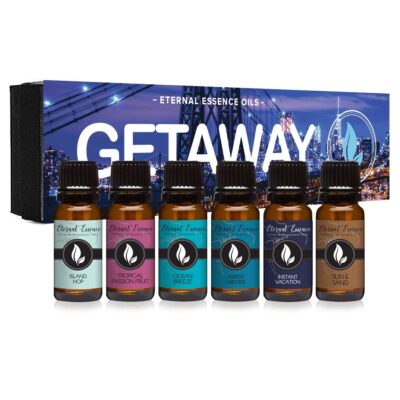 Get Away Gift Set of 6 Premium Grade Fragrance Oils - Island Hop, Ocean Breeze, Tropical Passion Fruit, Aspen Winter, Instant Vacation, Sun & Sand - 10Ml - Scented Oils