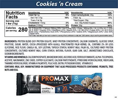 Promax Protein Bar, Cookies 'n Cream, 20g High Protein, Gluten Free, 12 Count - Image 3