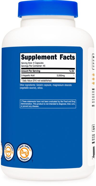 Nutricost D-Aspartic Acid (DAA) Capsules 3000mg Per Serving (180 Capsules) - Non-GMO - Image 4