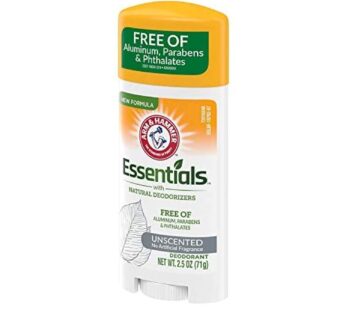 ARM & HAMMER Essentials Deodorant- Unscented- Solid Oval- Made with Natural Deodorizers- Free From Aluminum, Parabens & Phthalates, 2.5 Oz