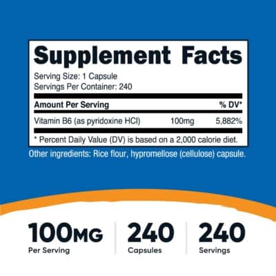 Nutricost Vitamin B6 (Pyridoxine HCl) 100mg, 240 Capsules - Image 2