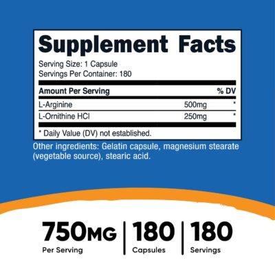 Nutricost L-Arginine L-Ornithine 750mg; 180 Capsules - Image 2