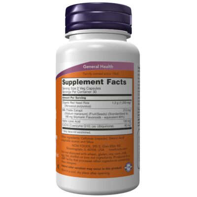 NOW Supplements, Red Yeast Rice with CoQ10, plus Milk Thistle & Alpha Lipoic Acid, 60 Veg Capsules - Image 2