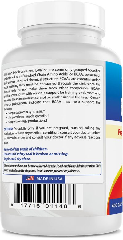 Best Naturals BCAA Branch Chain Amino Acid, 3200mg per Serving, 400 Capsules - Pharmaceutical Grade - 100% Pure Instantized Formula | Pre/Post Workout Bodybuilding Supplement | Boost Muscle Growth - Image 6