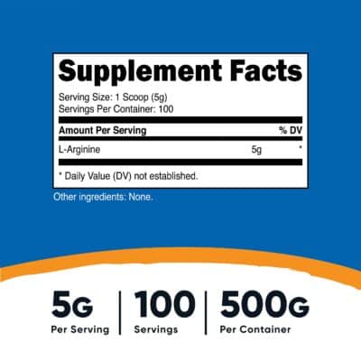 Nutricost L-Arginine Powder 500 Grams (1.1lbs) - Pure L-Arginine Powder - 5000mg Per Serving; 100 Servings - Image 2