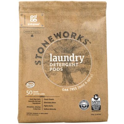 Grab Green Stoneworks Natural Laundry Detergent Powder Pods, Oak Tree, 50 loads