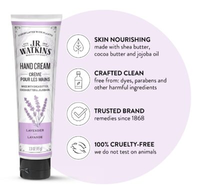 J.R. Watkins Natural Moisturizing Hand Cream, Hydrating Hand Moisturizer with Shea Butter, Cocoa Butter, and Avocado Oil, USA Made and Cruelty Free, 3.3oz, Lavender, Single - Image 2