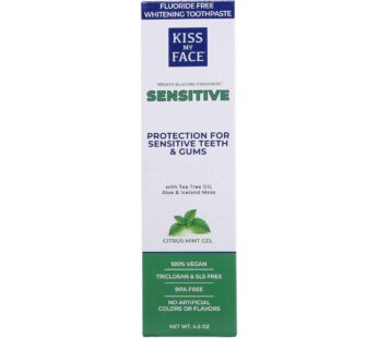 Kiss My Face Sensitive Citrus Mint Gel Toothpaste, Reduces Sensitivity, Removes Plaque And Prevents Tartar, With Added Tea Tree Oil, Aloe, And Echinacea, No Artificial Colors Or Flavors, 4.5 Oz