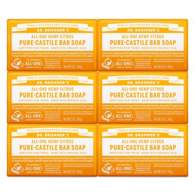 Dr. Bronner's - Pure-Castile Bar Soap (Citrus, 5 ounce, 6-Pack) - Made with Organic Oils, For Face, Body and Hair, Gentle and Moisturizing, Biodegradable, Vegan, Cruelty-free, Non-GMO