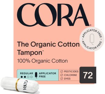 Cora 100% Organic Cotton Non-Applicator Tampons | Ultra-Absorbent, Unscented, Natural, Non-Toxic, Applicator Free | Eco-Conscious