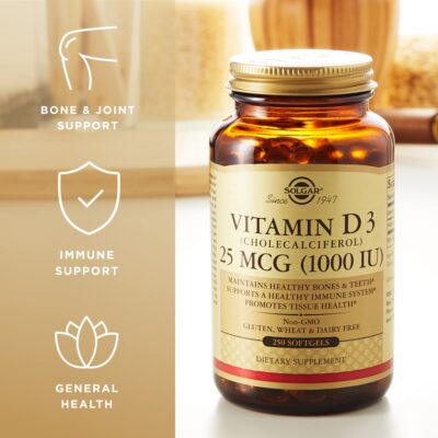 Solgar Vitamin D3 (Cholecalciferol) 25 MCG (1000 IU), 250 Softgels - Helps Maintain Healthy Bones & Teeth - Immune System Support - Non-GMO, Gluten Free, Dairy Free - 250 Servings - Image 4