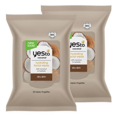 Yes To Face Wipes for Women and Men, Restoring Facial Cleansing Wipes for use as a Make Up Remover, Cleaning, Soothing, Coconut (Pack of 2)