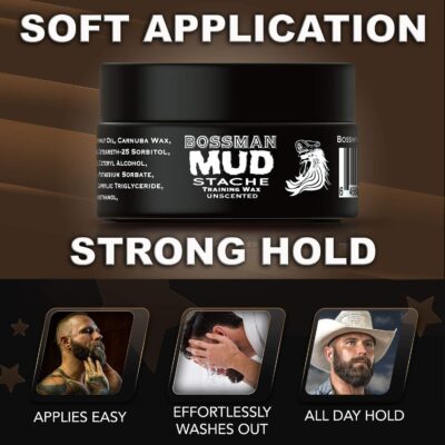 Bossman MUDstache Unscented Mustache Wax ? No Pull - Spreads Easy for a Strong Non-Tacky 24 hr Hold - Tame, Train and Style - Moustache Wax for Men (1oz) - Image 3