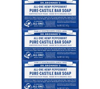 Dr. Bronner’s – Pure-Castile Bar Soap (Peppermint, 5 ounce, 3-Pack) – Made with Organic Oils, For Face, Body and Hair, Gentle and Moisturizing, Biodegradable, Vegan, Cruelty-free, Non-GMO