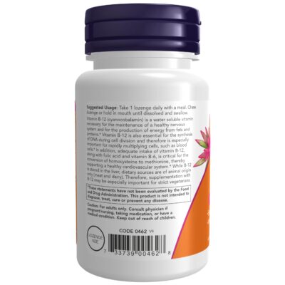 NOW Supplements, Vitamin B-12 5,000 mcg, With Folic Acid, Nervous System Health*, 60 Lozenges - Image 3