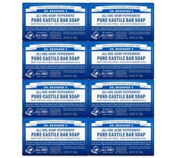 Dr. Bronner’s – Pure-Castile Bar Soap (Peppermint, 5 ounce, 8-Pack) – Made with Organic Oils, For Face, Body and Hair, Gentle and Moisturizing, Biodegradable, Vegan, Cruelty-free, Non-GMO