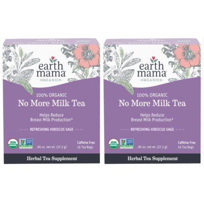 Earth Mama No More Milk Tea | Organic Herbal Tea Bags to Reduce Breast Milk Production, Stop Breastfeeding, & Wean Lactation Naturally, Postpartum Essentials, Hibiscus & Sage Decaf Tea (16-Count, 2PK)