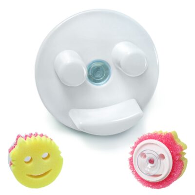 Storage Theory Suction Cup Sponge Holder - Kitchen Sink Organizer for Smiley Face Sponges (White, 1 Pack) - Kitchen Scrubber Holder
