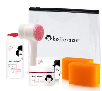 Kojie San Face & Body Complete Brightening Mini Set – 65 Gram x 2 Bars Soap, Body Lotion, Face Cream, and Facial Cleansing Brush