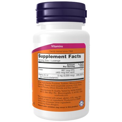 NOW Supplements, Vitamin B-12 5,000 mcg, With Folic Acid, Nervous System Health*, 60 Lozenges - Image 2