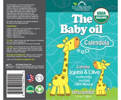 US Organic Baby Oil with Calendula, Jojoba and Olive Oil with Vitamin E, USDA Certified Organic, No Alcohol, Paraben, Artificial Detergents, Color, Synthetic Perfumes, 5 fl. Oz (Pure Unscented) - Image 2