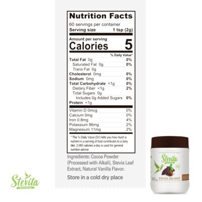 Stevita Cocoa Delight - 4.2 oz - Natural Cocoa Powder with Stevia - For Hot Cocoa, Smoothies, Desserts & Recipes - Non-GMO, Vegan, Keto, Paleo, Gluten Free - 60 Servings - Image 2