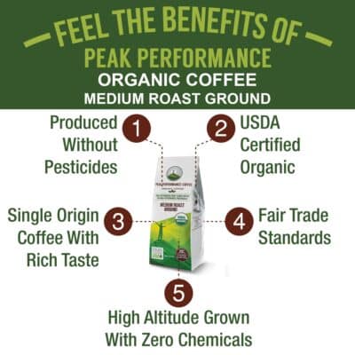 Peak Performance High Altitude Organic Coffee. Fair Trade, Low Acid, Non GMO, and Beans Full Of Antioxidants! Medium Roast Smooth Tasting USDA Certified Organic Ground Coffee Bag - Image 3