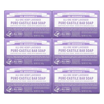 Dr. Bronner's - Pure-Castile Bar Soap (Lavender, 5 ounce, 6-Pack) - Made with Organic Oils, For Face, Body and Hair, Gentle and Moisturizing, Biodegradable, Vegan, Cruelty-free, Non-GMO