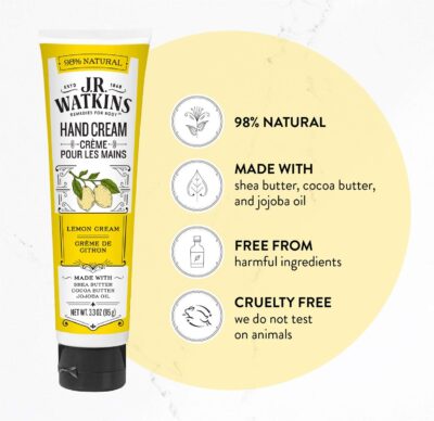 J.R. Watkins Natural Moisturizing Hand Cream, Hydrating Hand Moisturizer with Shea Butter, Cocoa Butter, and Avocado Oil, USA Made and Cruelty Free, 3.3oz, Lemon Cream, Single - Image 2