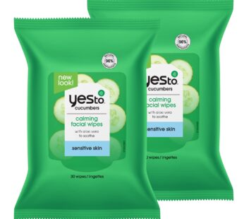 Yes To Face Wipes for Women and Men, Sensitive Facial Cleansing Wipes for use as a Make Up Remover, Cleaning, Soothing, Cucumbers Aloe Vera (Pack of 2)