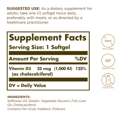 Solgar Vitamin D3 (Cholecalciferol) 25 MCG (1000 IU), 250 Softgels - Helps Maintain Healthy Bones & Teeth - Immune System Support - Non-GMO, Gluten Free, Dairy Free - 250 Servings - Image 2