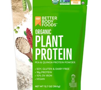 BetterBody Foods Organic Plant Based Protein Powder, – 16g of Protein, Vegan, Low Net Carbs, Gluten Free, Dairy Free, No Sugar Added, Soy Free, Non-GMO, 12.7 Ounces