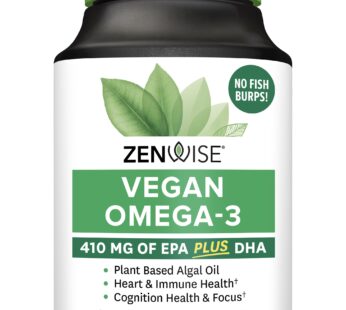 Zenwise Health Vegan Omega 3 – Plant Powered Omega-3 from Marine Algal Oil with EPA and DHA Fatty Acids – AVA Certified Vegan – 120 Count