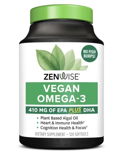 Zenwise Health Vegan Omega 3 - Plant Powered Omega-3 from Marine Algal Oil with EPA and DHA Fatty Acids - AVA Certified Vegan - 120 Count