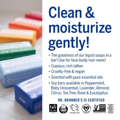 Dr. Bronner's - Pure-Castile Bar Soap (Almond, 5 ounce) - Made with Organic Oils, For Face, Body and Hair, Gentle and Moisturizing, Biodegradable, Vegan, Cruelty-free, Non-GMO - Image 6